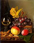 Wine Wall Art - A Still Life of Black Grapes, a Peach, a Plum, Hazelnuts, a Metal Casket and a Wine Glass on a Carved Wooden Ledge